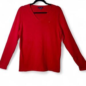 Y2K Tommy Hilfiger Red V-Neck Sweater Women's L 100% Cotton Tiny Logo Preppy